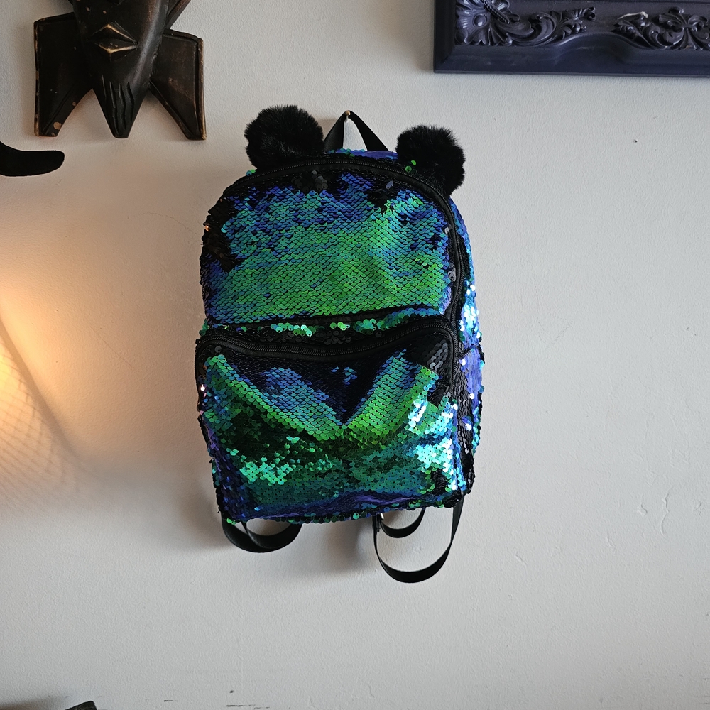 Green Sequin Backpack with Black Ears